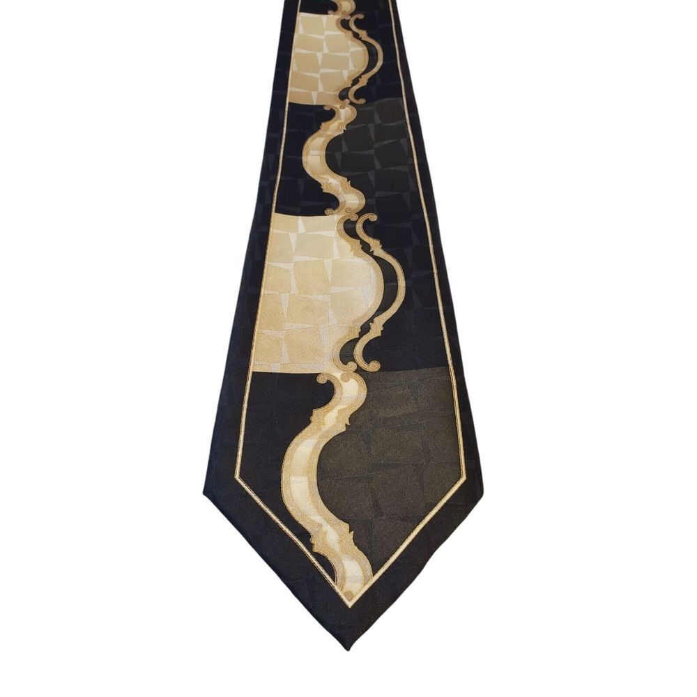 Italian Design by Tal's Mens Tie Black Green Cream Abstract Print Business Power